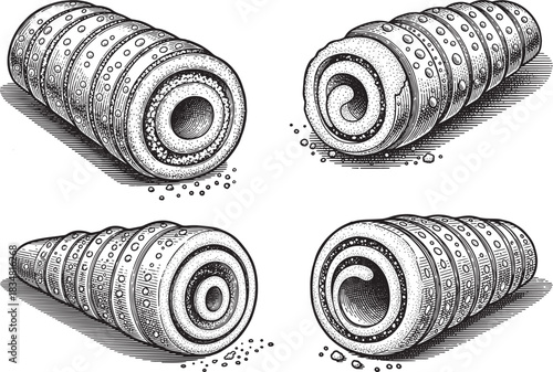 Vintage engraved Norwegian krumkake rolled cookie icon set featuring patterned cone texture and classic Scandinavian dessert style