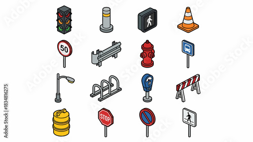 Isometric City Elements: Traffic Signs, Street Furniture and Roadside Objects for Urban Planning and Infographics