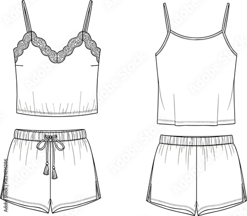 “Lace trim cami and shorts fashion flat sketch, technical loungewear set drawing, vector garment template with elastic waist and design details”