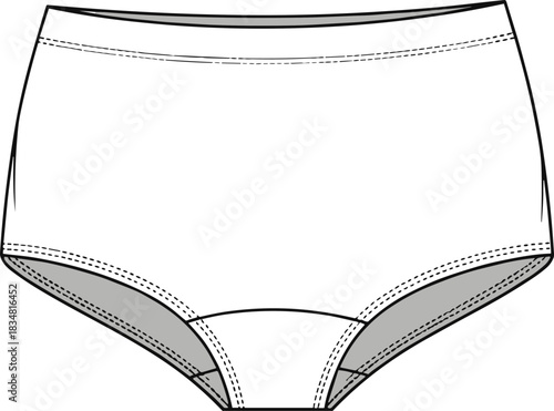“High waist underwear fashion flat sketch, technical lingerie drawing, vector panty template with gusset, seams, construction lines and design details”