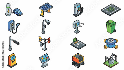 Isometric Smart City Infrastructure: EV Charging, Solar Panels, Sensors & Automated Services for Sustainable Urban Development