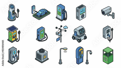 Isometric Smart City Infrastructure Icons: Electric Vehicle Charging, Security, Sustainability & Technology