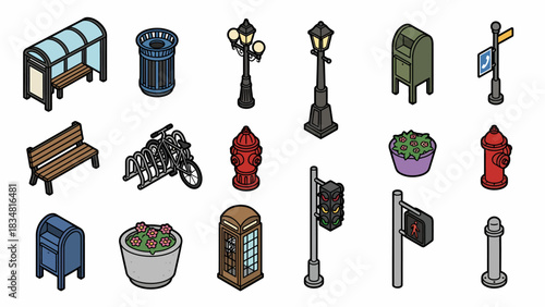Isometric City Elements: Urban Infrastructure Icons for Game Design, Map Illustrations, and City Planning Projects