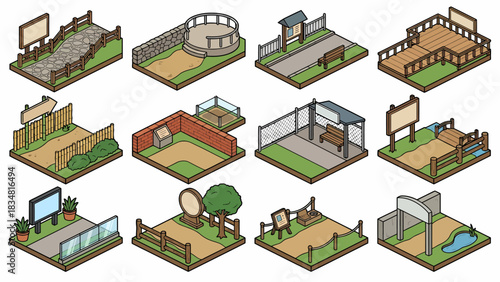 Isometric Park Elements & Scenery Icons: Nature Trail, Signage, Viewing Platform, Bench, and Pond for Map Design, Game Assets, and Isometric Illustrations