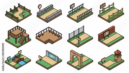 Isometric park landscape elements for game design, map creation, and urban planning visualizations