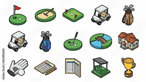 Isometric Golf Elements Collection: Course, Cart, Gear & Trophy for Design Templates, Presentations & Marketing