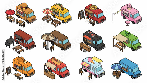 Isometric Food Trucks Vector Set: Diverse mobile catering businesses for graphic design, marketing materials and food industry presentation