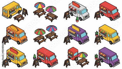 Isometric food truck vector set for mobile catering business, street food vendors, food court design and outdoor picnic areas