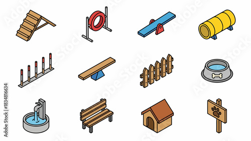 Isometric Dog Park Equipment Icons: Agility Course, Bench, Water Fountain, Doghouse - Pet Care & Animal Training Graphics