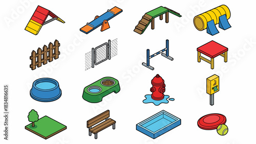 Isometric dog park equipment vector illustration for infographics, game design, or architectural visualization