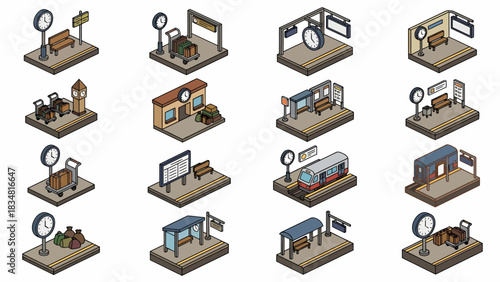 Isometric illustrations of train stations, railway platforms with trains, clocks and benches for web design, infographics and user interface