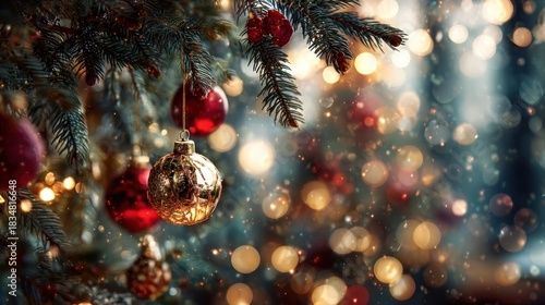 Christmas tree with baubles and blurred sparkling lights