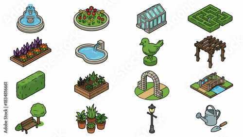 Isometric Garden Landscape Elements Set: Fountain, Greenhouse, Maze, Bench. Vector Illustration for Game Design and Urban Planning