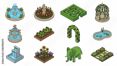 Isometric Garden Elements: Fountain, Maze, Pond, Gazebo, and Floral Arrangements for Game Design and Architectural Visualization