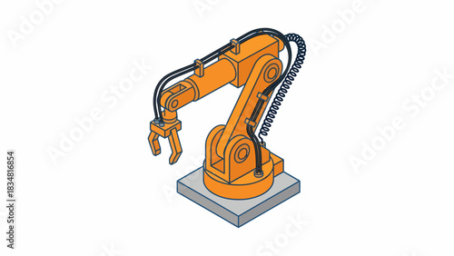 Orange robotic arm in isometric view for industrial automation and manufacturing process illustration