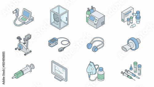 Isometric Medical Equipment Vector Illustration: Pulmonary Function Test, Spirometry, Healthcare Technology