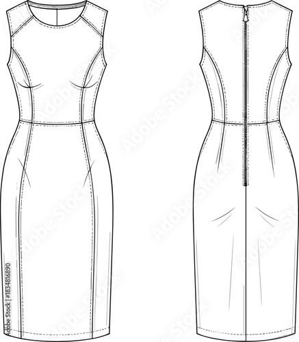 “Sleeveless dress fashion flat sketch, technical garment drawing, fitted sheath dress vector template with seams, darts and detailed construction lines”