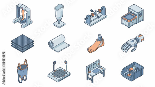 Isometric illustrations of prosthetic limb production process: 3D printing, molding, fabrication and fitting for commercial use.