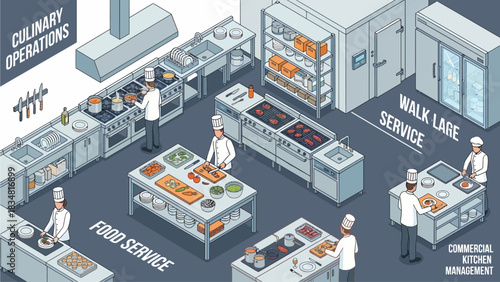 Isometric commercial kitchen with chefs preparing food, culinary operations and food service management concept illustration