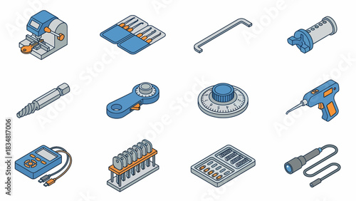 Locksmithing Isometric Tools Set: Key Cutting Machine, Lock Picks, Drill and Measuring Device, Security Lock, Flashlight
