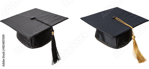 graduation cap and diploma, College graduation cap isolated on transparent or white background, png, Classic black graduation cap with a golden tassel, Close-up of Black graduation cap on transparent