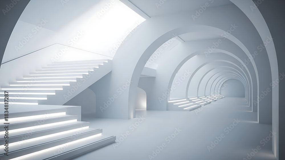 Obraz premium Bright futuristic staircase and arched corridor with soft lighting