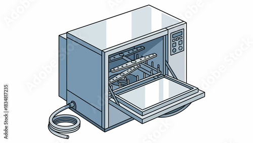 Isometric commercial dishwasher appliance with open door for restaurant kitchen design, line art vector illustration