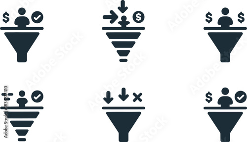 Analytics and chart silhouette icons, pie chart, bar graph, performance symbols, black solid vector style, clean white background.