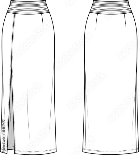 High waist pencil skirt fashion template with side slit and panel waistband, garment technical sketch, cad drawing flat vector illustration design