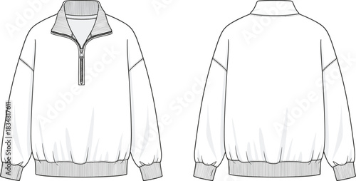 Quarter zip pullover sweatshirt fashion template with ribbed cuffs and relaxed fit, garment technical sketch, cad drawing flat vector illustration