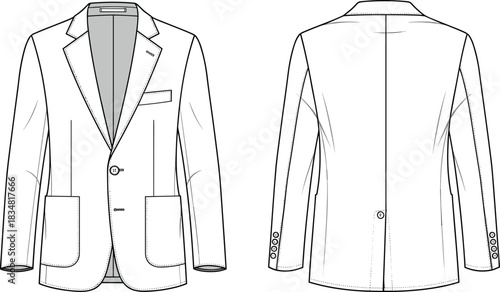Classic men’s blazer fashion template with notched lapel, patch pockets and tailored fit, garment technical sketch, cad drawing flat vector illustration
