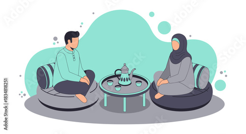 An illustration depicts a man and woman seated on cushions, enjoying tea together in a relaxed setting with a modern, minimalist design.