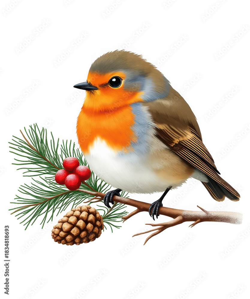 Fototapeta premium Charming european robin perched on a pine branch with holly berries and pine cone, festive winter scene, isolated on transparent background isolated on transparent background