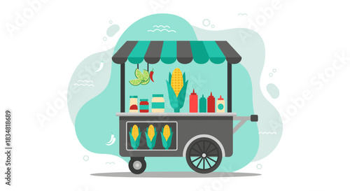 An illustrated street food cart, offering corn and condiments, set against a whimsical, abstract background, perfect for culinary and food-related designs.