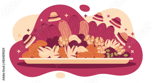 A vibrant illustration showcases a diverse assortment of nuts and dried fruits, artfully arranged on a platter with decorative elements.