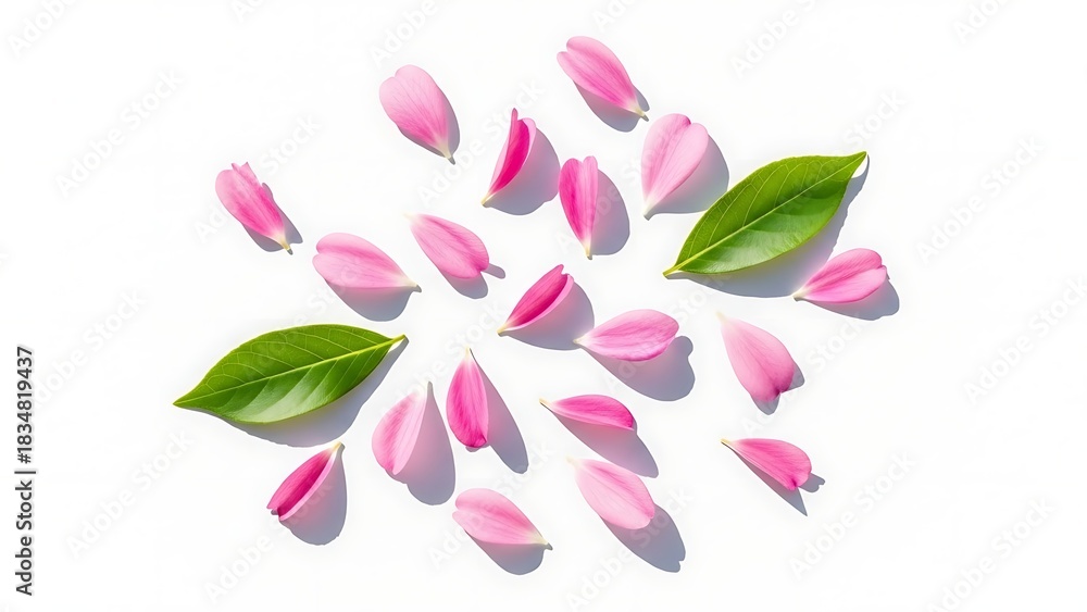 Obraz premium Scattered pink flower petals and green leaves on white background