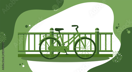 A vibrant illustration showcases a green bicycle resting against a fence, set against an abstract backdrop with organic shapes and shades.