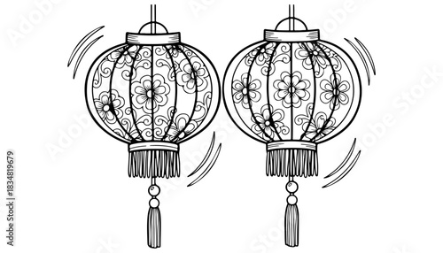 Two ornate Chinese lanterns with floral patterns and tassels, depicted in a black and white line drawing, suggesting movement.