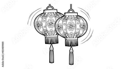 Two ornate, round Chinese lanterns with tassels are depicted in a black and white illustration.