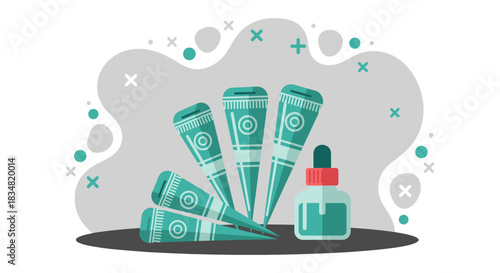 An artistic illustration showcases henna cones and a dropper bottle, essential tools for creating intricate body art designs with natural dye.