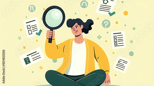 A person sitting cross-legged on the floor, holding a giant magnifying glass, surrounded by floating job application cards, resumes, and checklists in pastel colors. Playful cartoon style, bold