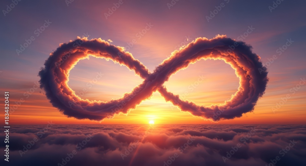 Obraz premium Infinite horizon dawn: ethereal infinity symbol formed by clouds at sunrise celestial