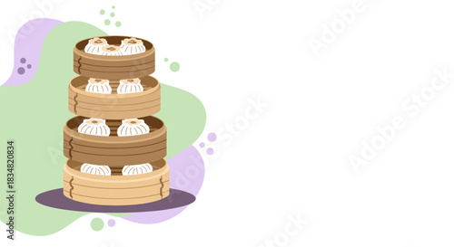 An illustration showcases a stack of traditional bamboo steamer baskets filled with delicious, fluffy dim sum, ready to be enjoyed.