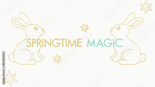 Whimsical springtime magic with outline rabbits and stars on a soft cream background