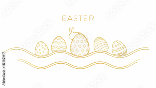 Elegant gold line art easter eggs and bunny silhouette with wavy lines on a white background for a festive greeting
