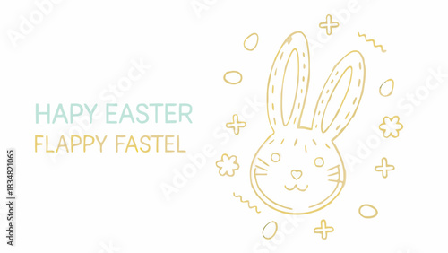 Cute hand drawn golden bunny face with pastel text happy easter and flappy fastel surrounded by festive doodles