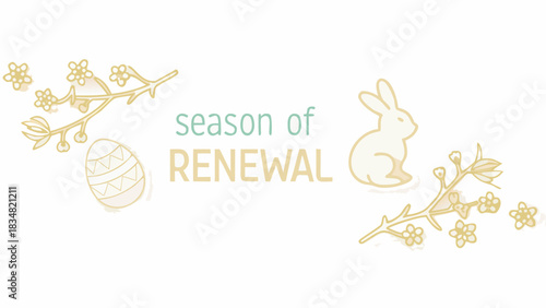Spring season of renewal with easter egg and bunny illustration and blooming branches on white background