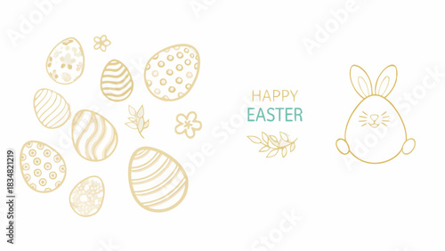 Whimsical hand drawn easter eggs and a cute bunny illustration with happy easter text and floral elements