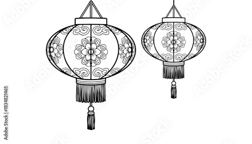 Two ornate Chinese lanterns hanging, featuring floral and cloud designs, with tassels dangling below. Black and white line art.