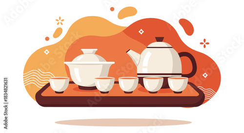A serene illustration captures a traditional tea ceremony, featuring a teapot, cups, and a tea bowl on a wooden tray with a warm, inviting background.